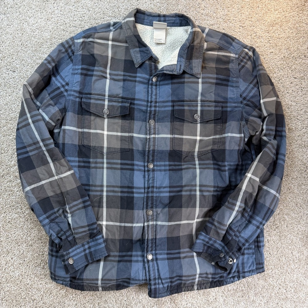 The North Face Jacket Mens L Blue Plaid Flannel Sherpa Fleece Quilted Lined Snap